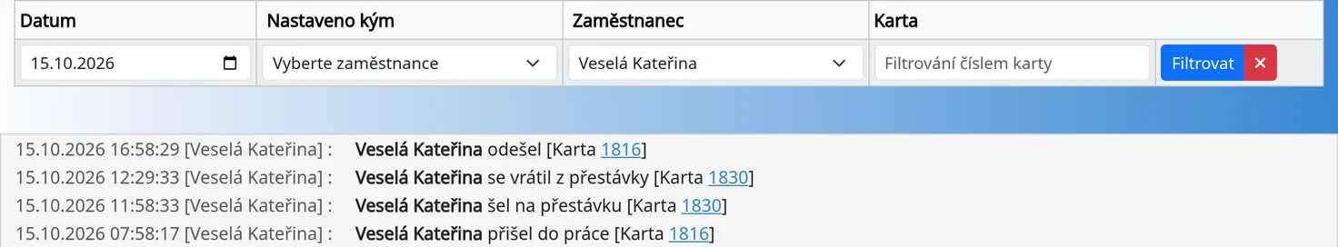 The history filtered by date and employee