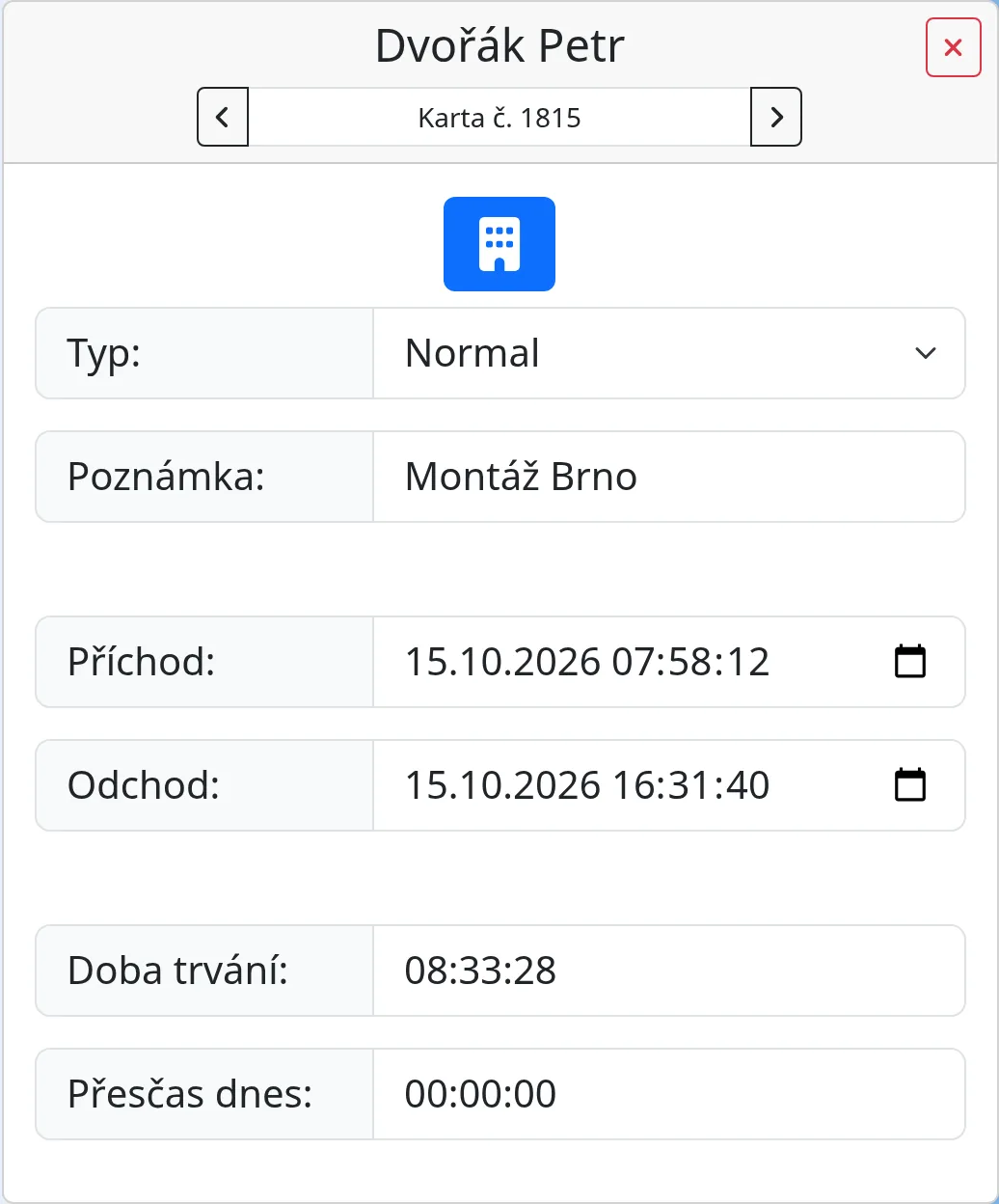 An attendance card with type, note, arrival and leave time, duration and overtime