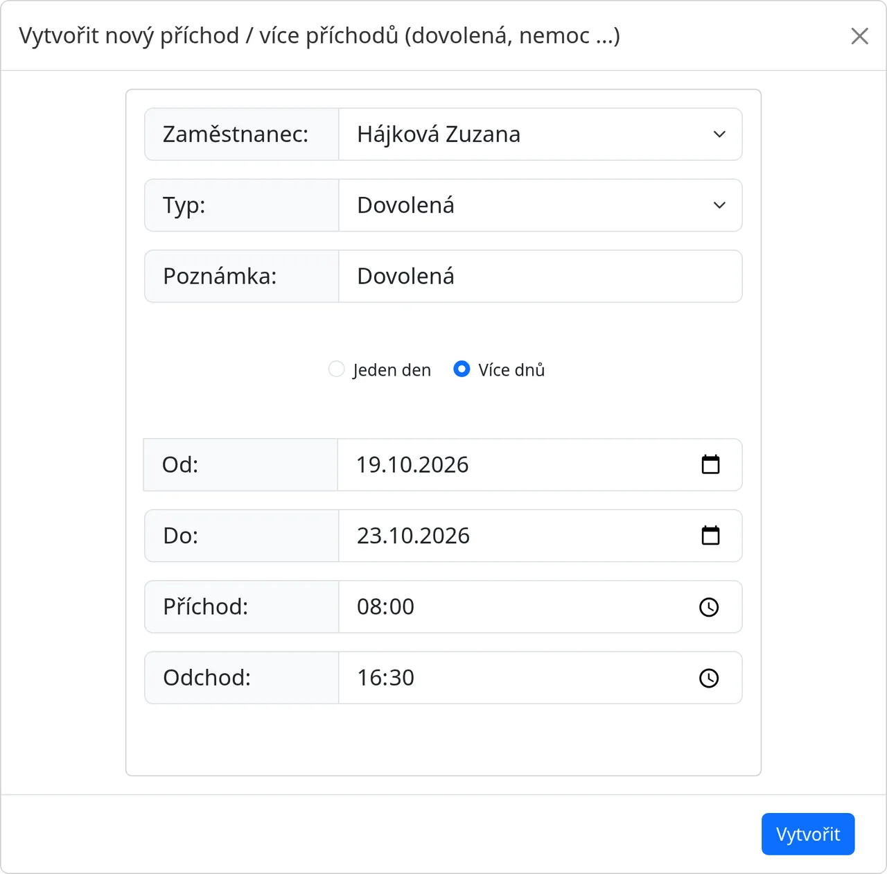 The Create new attendance dialog with the Vacation type and dates