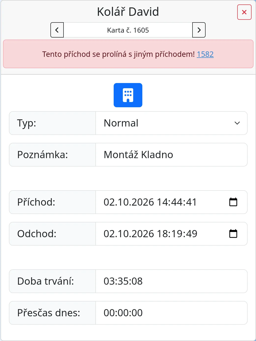 An attendance card with the red warning that it overlaps another arrival