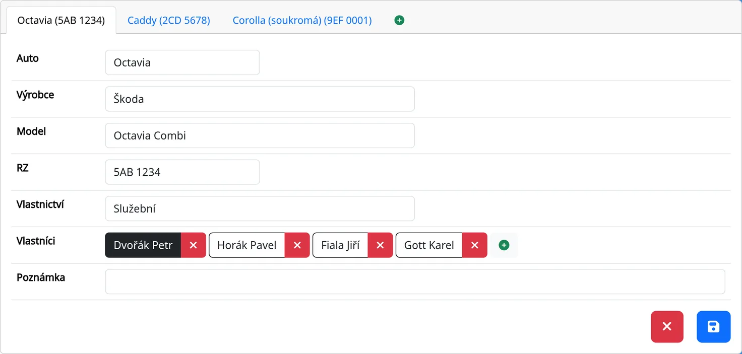Admin → Cars, a car tab with manufacturer, model, plate and drivers