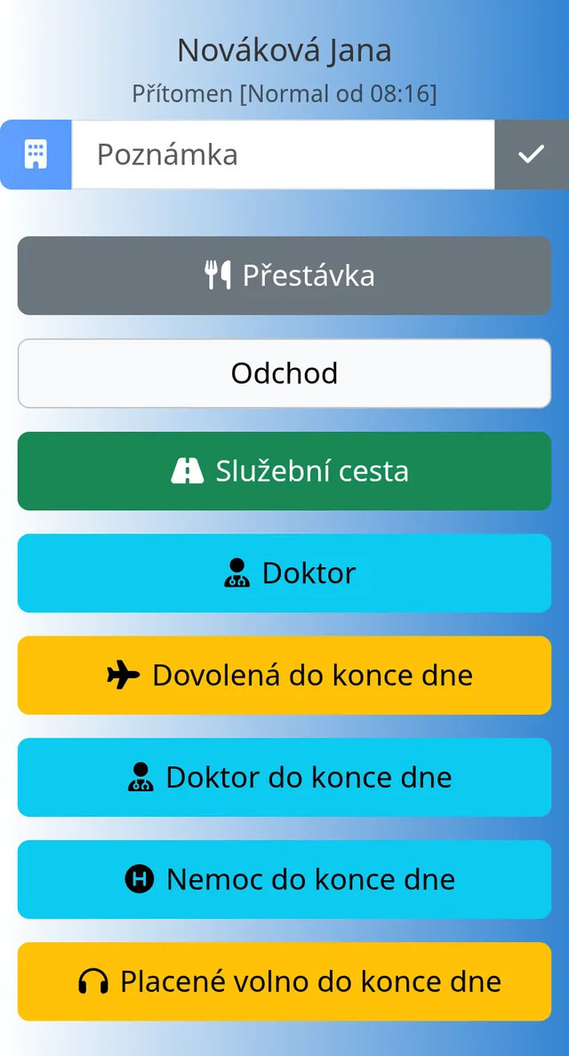 Mobilní stránka s tlačítky Přestávka, Odchod, Služební cesta a Doktor