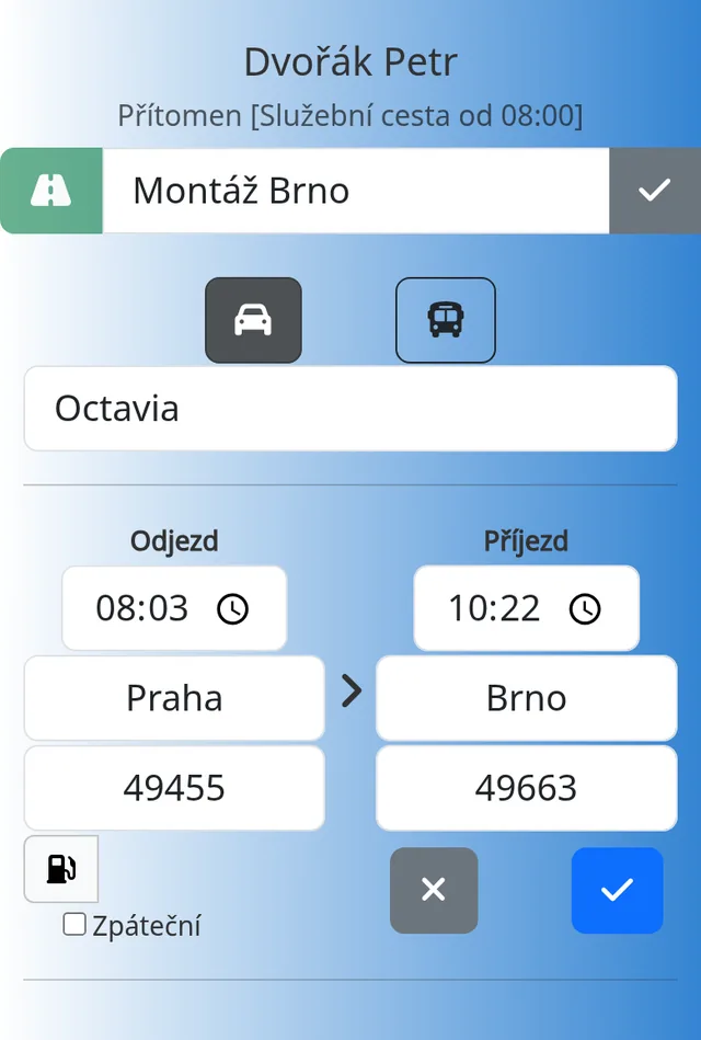 Recording a ride on a phone: car, departure time and place, destination and odometer