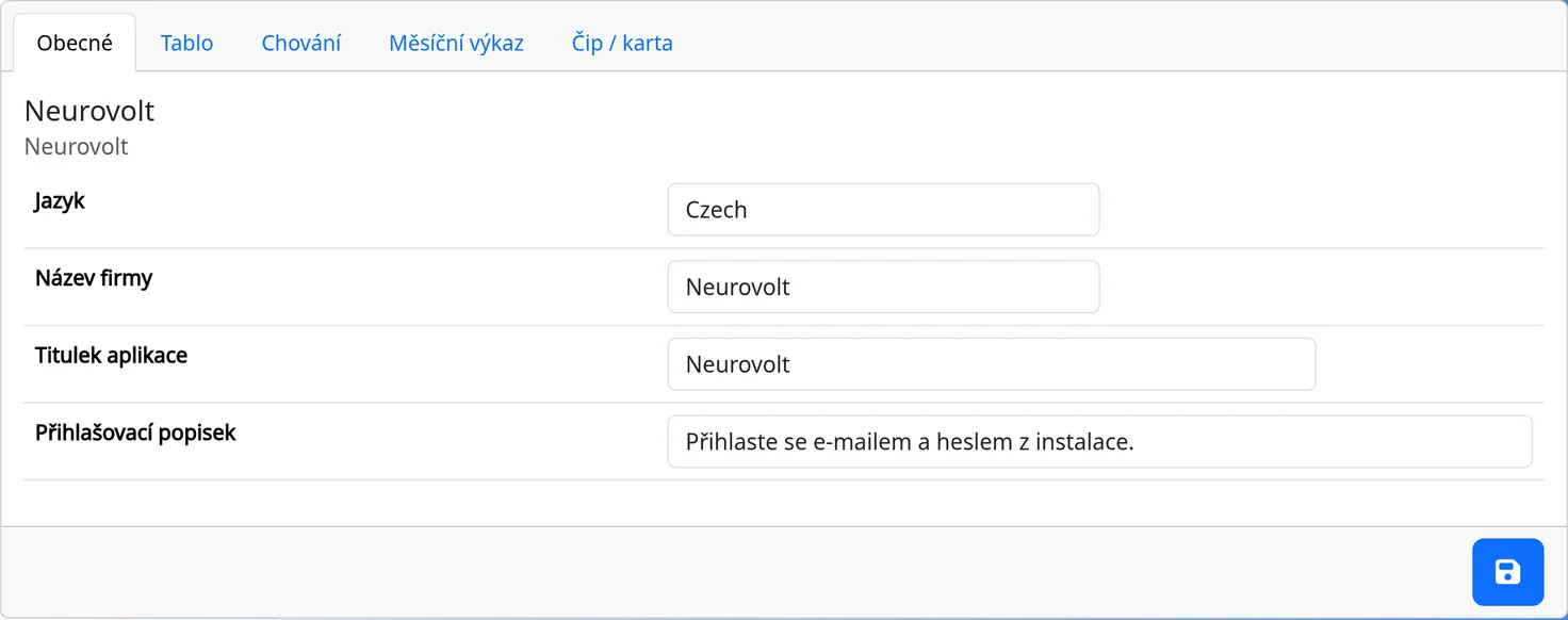 Admin → System, the General tab with language, company name, title and description