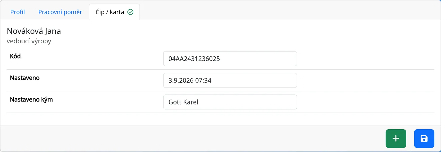 An employee profile, the Chip / card tab with the assignment date and administrator