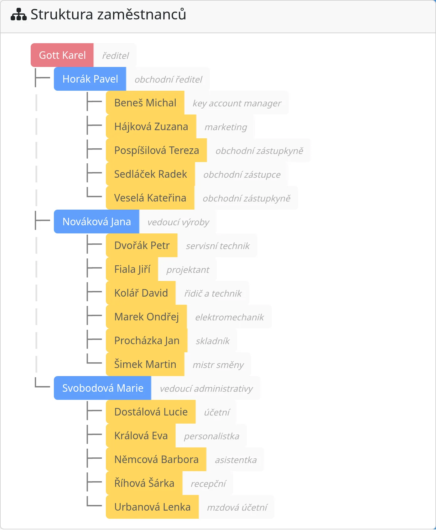 The staff structure: a tree from the director through department heads to employees with their positions