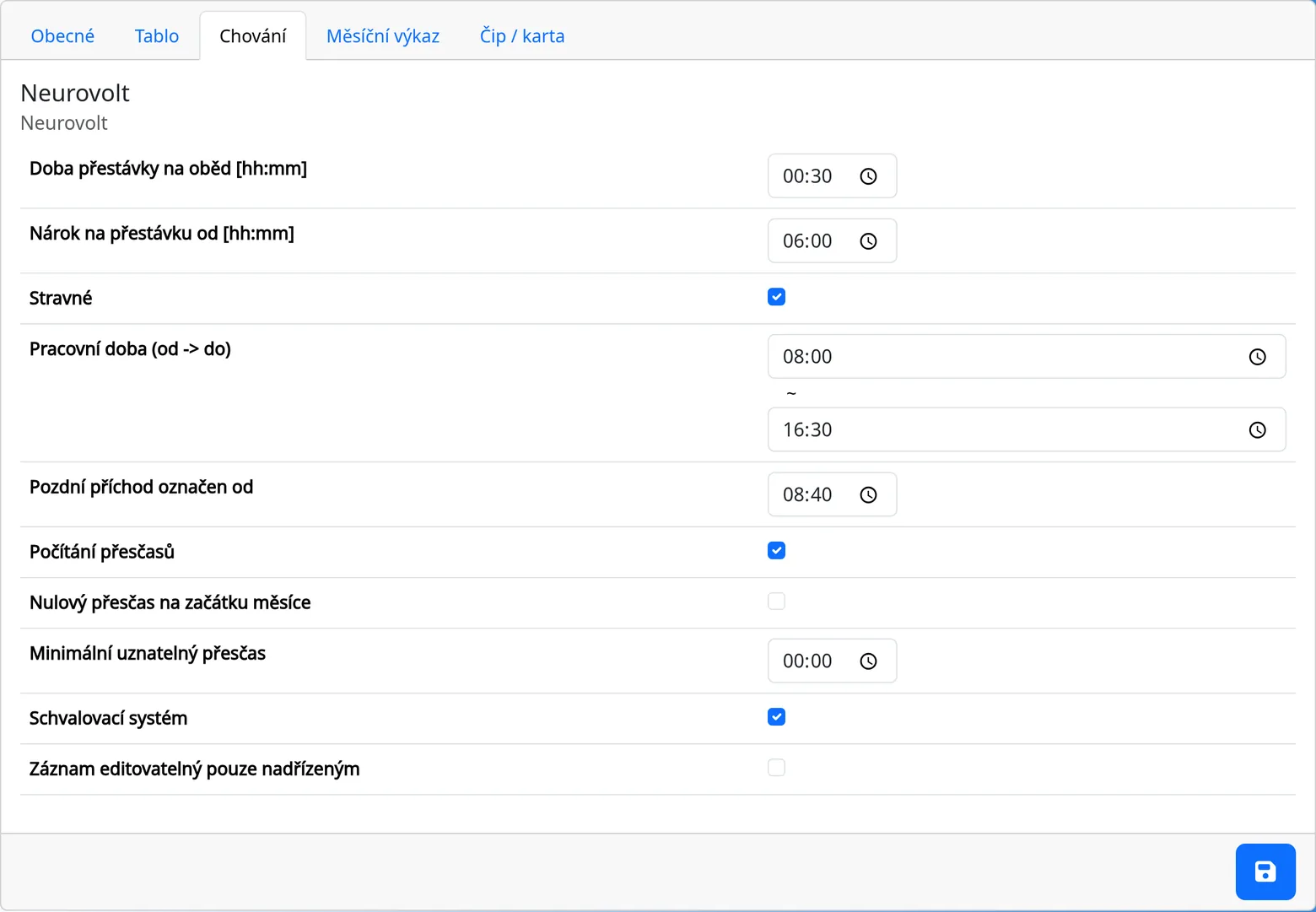 The company settings, the Behaviour tab, with work time, lunch and overtime