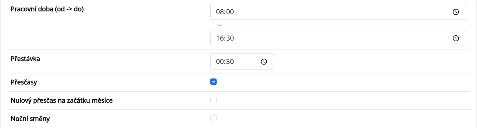 An employee's employment tab: work time, minimal break and overtime settings