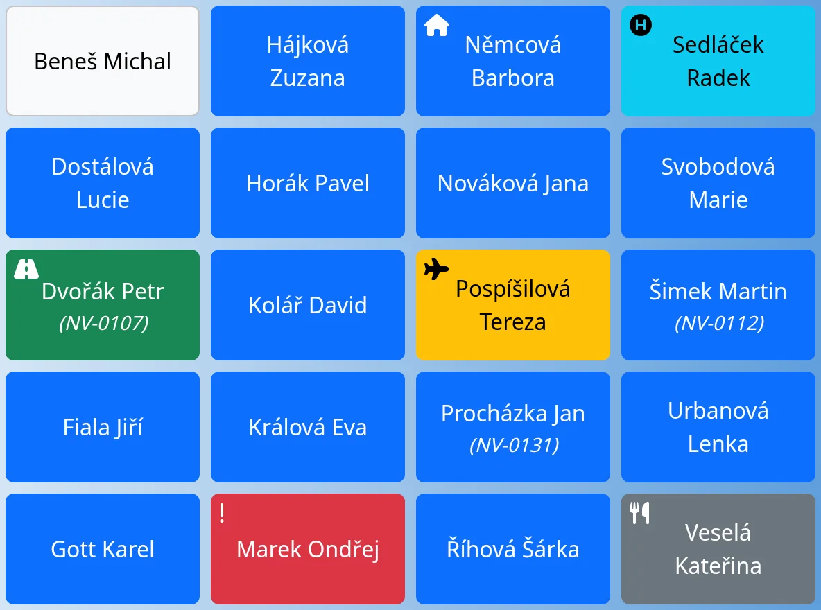Touch kiosk with twenty employee tiles coloured by status